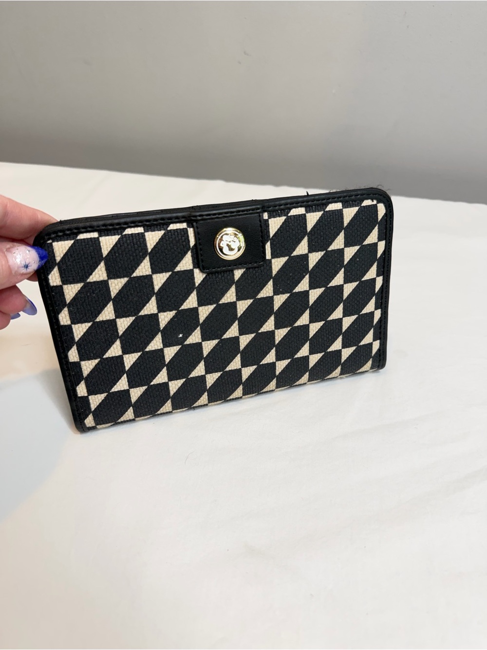 Spartina 449 snap wallet, black and cream, linen and leather Rhett